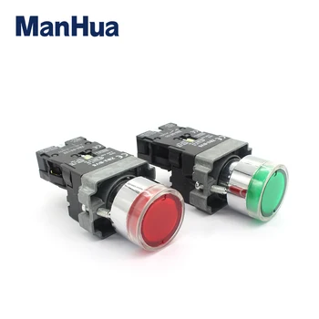 ManHua ledli basmalı düğme anahtarı XB2-BW3462 Kırmızı ve XB2-BW3361 Yeşil Düz Yuvarlak Gösterge ışığı Gümüş Kontak