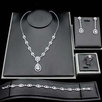 marka hakiki Lüks gerçek mücevher Kore yeni Gelin takı seti Küpe Kolye kadın ıns su damlası zirkon dört parçalı set end