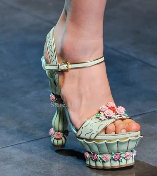 Marka Tasarım Yüksek Topuklu kadın Düğün Ayakkabı Kek Çiçek Ayağı Garip Tarzı Sandalet Platformu Yuvarlak Ayak Slingback Toka Ayakkabı