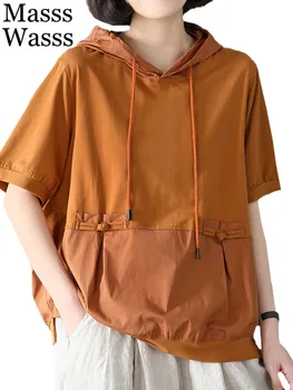 Masss Wasss 2023 Çin Kıyafetleri Bayan Yaz Moda Gevşek Rahat Kapşonlu Tee Gömlek Bayanlar Vintage Lüks Spor pamuklu üst giyim