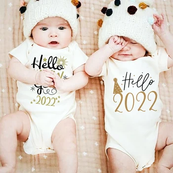 Merhaba 2022 Yeni Yıl Yenidoğan Bebek Bodysuits Tulumlar Erkek Kız Doğan Emekleme Kısa Kollu Tulum Kıyafetler Tatil Parti Hediyeler