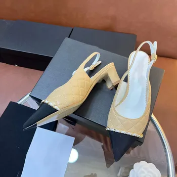 Metal Zincir Sivri Burun Geri Kayış Sandalet Kadın Düşük Topuklu Karışık Renk Hakiki Deri Elbise Ayakkabı Üzerinde Kayma Katır 2023 Yeni Marka