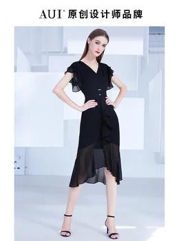 Mizaç kadın şifon elbise kadın Yaz 2023 Yeni Siyah Tasarım Düzensiz Fırfır Kenar Etek