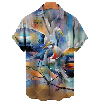 Moda Hawaii Gömlek 3d Baskı Vinç Erkek Kadın Giyim Yaz Plaj Rahat Kısa Kollu Bluz erkek Meslek Yaka Camisa