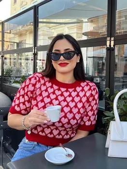 Moda Kadın Kalp Baskılı Örme Giyim 2023 Bahar Sokak O Boyun Kısa Kollu Kazak Casual Chic Kadın Kısa Triko