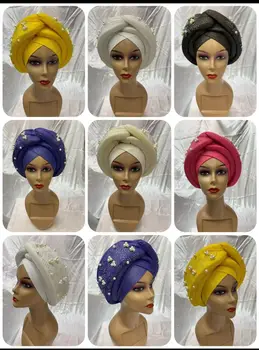 moda kap türban kadınlar için kafa wrap bonnet başörtüsü bandı nijeryalı gele headtie zaten yapılmış afrika şapka parti için 1 takım