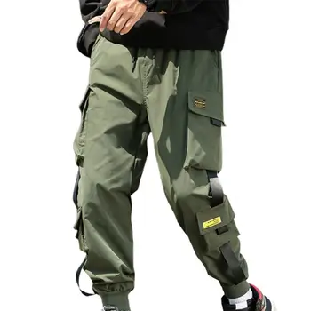 Moda Streetwear erkek kargo pantolon Yan Cepler Sıkı Bel İpli Kayış Dekor Ayak Bileği bantlı koşucu pantolonu Erkek Giysileri