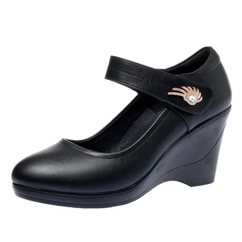 Moda Sığ Yumuşak deri ayakkabı Kadın Yüksek Topuklu Mary Janes 2023 Bahar Kalın Platform Takozlar Pompaları Ofis Dans Anne