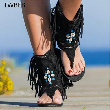 Moda yeni stil Retro Kadın Saçak Çiçek Takozlar Ayakkabı 2023 Katı Akın Plaj Rahat Sandalet Kadın Yaz Flip Flop Sandalet