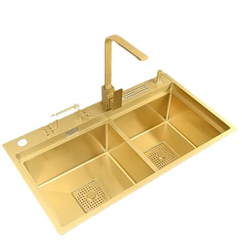 Mutfak lavabo altın 304 paslanmaz çelik çok fonksiyonlu büyük tek yuvası mutfak aksesuarları 3.0 mm kalınlığı