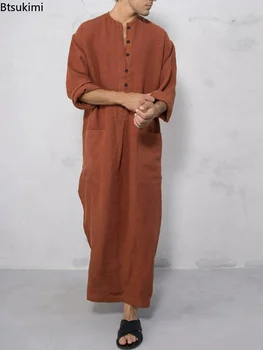 Müslüman Moda Erkekler İslam Arapça Jubba Thobe Uzun Kollu Katı Cepler Elbiseler Erkekler Suudi Arabistan Abaya Elbise Müslüman Kaftan S-5XL