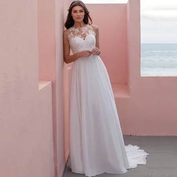 Mütevazı Beyaz Dantel düğün elbisesi Vintage Plaj Gelin Elbiseler 2021 Aplike Bir Çizgi Şifon Illusion Geri Boho Gelinlikler Boda