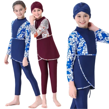 Mütevazı Müslüman İslam Çocuk Plaj Buthing Takım Elbise 3 ADET Tam Kapak Burkinis Setleri Kızlar Yaz Mayo mayo