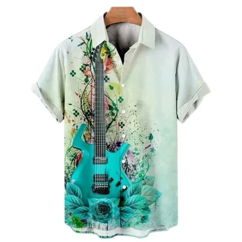 Müzik Gitar Gömlek Erkekler İçin Kaya Hip Hop Üstleri Baskı Erkek Giyim Kısa Kollu V Yaka Plaj Gömlek Camisa Sosyal Masculina Tops