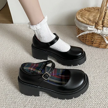 NEWFAS Platformu Topuklu Mary Jane Ayakkabı Basit Lolita Ayakkabı Siyah platform ayakkabılar Öğrenci Koleji Tatlı Orta Topuk kadın Tek