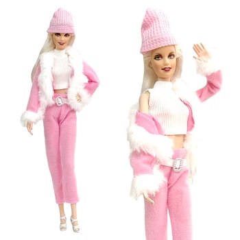 NK 1 Takım Prenses Asil Kış Elbise Güzel Parti Moda Pembe Elbise + Şapka Tasarımı Barbie Aksesuarları Bebek Kız Hediye Oyuncak 9X