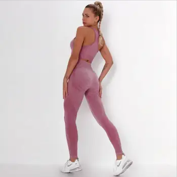 Nokta Dikişsiz Örme Spor spor kolsuz tişört + Push Up Pantolon 2 Parça Set Kadın yoga takım Elbise Spor Koşu egzersiz kıyafetleri