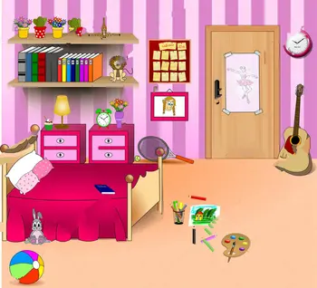 odası Yatak Odası Karikatür Oyuncaklar Yatak Kapı Saati Kitaplık Kitaplar Gitar zemin Bilgisayar baskı çocuk çocuklar arka plan