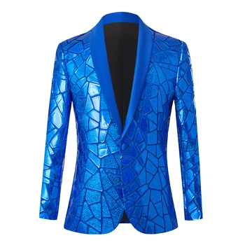 Parlak Mavi Sequins Bling Glitter Blazer Erkekler 2023 Şal Yaka Bir Düğme Smokin Takım Elbise ve Blazer Erkek Düğün Parti Sahne Kostümleri