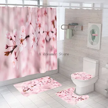 Pembe Kiraz Çiçeği Duş Perdesi Çiçek Erik Çiçeği Çiçek Banyo Perdeleri Dekor Kaymaz Halılar Banyo Paspas Tuvalet kapak Kanca