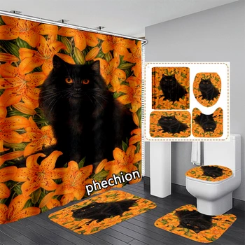 phechıon Moda 3D Baskı Hayvan Siyah Kedi Duş Perdesi Su Geçirmez Banyo Perdesi kaymaz Banyo mat seti Tuvalet Kilim VR222