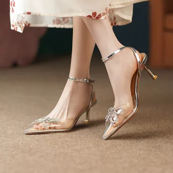 Phoentin kadının şeffaf slingback Pompaları marka stiletto yüksek topuklu bayanlar seksi kelebek-düğüm sandalet düğün Ayakkabı FT2265