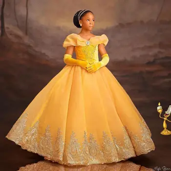 Prenses Altın Kız Pageant Dantel Çiçek Kız Elbise Düğün için Kapalı Omuz Çocuklar Parti Tamamen Ruffled Bebek Doğum Günü Önlük