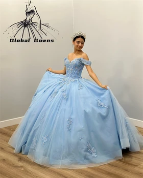 Prenses Mavi Kapalı Omuz Balo Quinceanera Elbise Kızlar İçin Boncuklu Aplikler doğum Günü Partisi Törenlerinde balo kıyafetleri