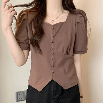 Puf Kollu T Shirt Kadın Katı Zarif Tatlı Tiki Güzel Düğme Tees Kore moda giyim Yaz Kare Yaka Kırpma Üstleri
