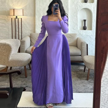 Qcenkern Kare Yaka Akşam Resmi Suudi Arabistan Uzun Pilili Saten Mor Parti Elbiseler Törenlerinde Kadın Elbiseler de Soirée 2023