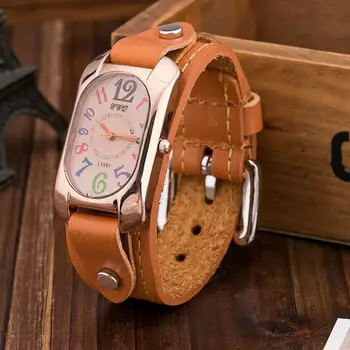 Quartz saat Suni Deri Kadın Çok renkli Zaman Ölçekleri Analog Kuvars Kol Saati Dikdörtgen Şekli Horloges Bayanlar Elbise Saat