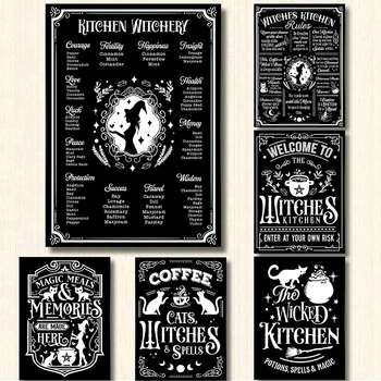 Retro Büyücülük Cadılar Mutfak Kuralları Posteri Tuval Boyama Mistik Cadılar Siyah Kedi Duvar Sanatı Mutfak Odası Ev Dekor İçin
