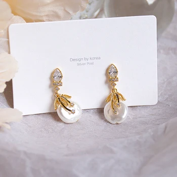Retro Klasik 14k Gerçek Altın İnci Barok Yaprakları Damla Küpe Kadınlar Kız için S925 Gümüş İğne Yüksek Kalite Takı AAA Zirkon