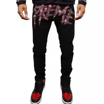 Rhinestones Streetwear Punk Denim kalem pantolon erkek Sıkı Yırtık Sıska Siyah Kot Hip Hop İnce Delik Moto Pantolon Mektup