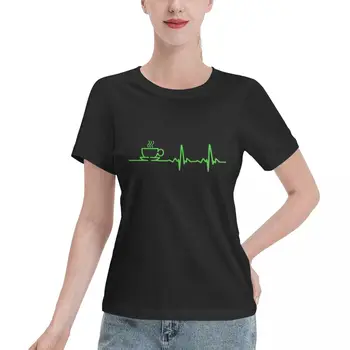 Sabah Kahve Kalp Atışı EKG Temel T-Shirt yaz üstleri Üst kadın