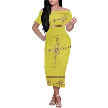 Sarı Zarif Sıkı Giyim Yaz Sıcak Satış Elbise Polinezya Baskı Özel Kadınlar Seksi Bir Çizgi Omuz Kısa Kollu Elbise