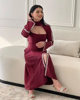 Sayulita Uzun Kollu balo kıyafetleri Suudi Arabistan Kadınlar için Anahtar Deliği Yüksek Yaka Taklidi Ön Yarık Özel Parti Abiye giyim