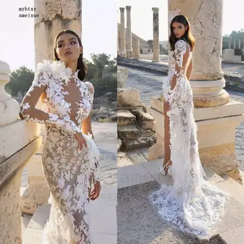 Seksi Mermaid düğün elbisesi 2023 Yüksek Yaka Yan Yarık Dantel Aplikler Uzun Kollu Sweep Tren Boho gelin kıyafeti Robe De Mariee
