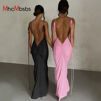 Seksi Spagetti Askı Backless Dantelli Slim Fit Maxi Elbise Kadınlar Kolsuz Cut Out Uzun Parti Vestidos 2023 Yaz Y2K Elbise