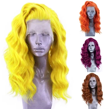 Sentetik Dantel Peruk Kadınlar için Turuncu Sarı Renkli Dantel ön peruk Uzun Dalgalı Cosplay Peruk Doğal Saç Çizgisi Günlük Kullanım