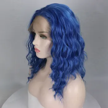 Sentetik Dantel ön peruk Mavi Renk Kısa Gevşek Su Dalgası ısıya dayanıklı iplik Saç Doğal Saç Çizgisi Orta Ayrılık Kadınlar İçin