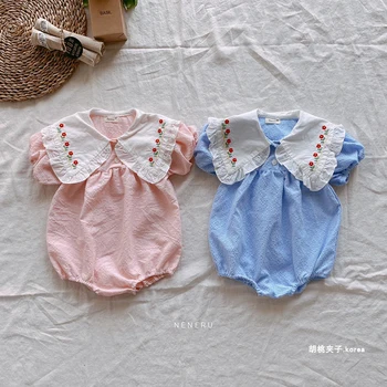Sevimli Petal Yaka Bebek Kız Çiçek Nakış Bodysuit Kısa Kollu Bebek Romper Yüksek Kaliteli Yenidoğan Bebek Giysileri Kore