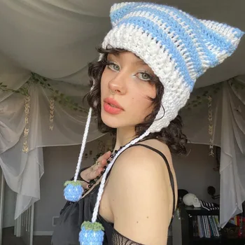 Sevimli Şeytan Boynuz Örgü Çizgili Bere Şapka 2023 Sonbahar Kış Örme Yün Kapaklar Kız Kedi Kulak Sivri Kazak Kadın Kaput Şapka
