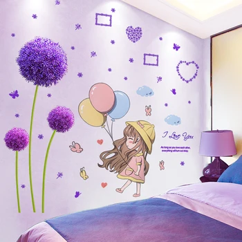 [shijuekongjian] Karikatür Kız duvar çıkartmaları DIY Karahindiba Çiçek Bitki Duvar Çıkartmaları Ev Çocuk Odaları için Bebek Odası Dekorasyon