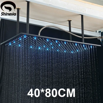 Shinesia LED Banyo Duş Musluk 40 * 80 cm Büyük Yağış Şelale Duş Sistemi Seti Tavana Monte Siyah / Fırçalanmış Altın