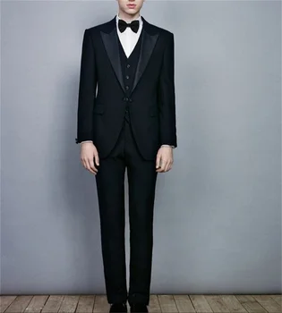 Siyah Ceket Setleri Slim Gömme 3 Parça Gelinlik Resmi Günler Giyim Iş Tarzı Kostümleri Büyük Boy Damat Smokin