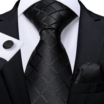 Siyah Ekose Kravatlar Erkekler İçin 8cm Genişlik İpek Erkek İş Düğün Boyun Kravat Seti Cep Kare Kol Düğmeleri Gravatas Homens Kravat