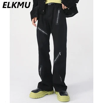 Siyah Gevşek Kot Çok Fermuarlı Patchwork Tasarımcı kot pantolon Erkekler 2023 Yeni Kore Moda Baggy Kot Pantolon