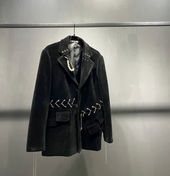 Siyah kadife Ağır Sanayi gevşek dış hava dökümlü takım elbise ceket 2023 sonbahar ve kış yeni yaka takım elbise üst gelgit