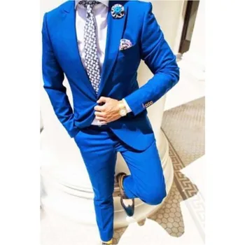 Son Kraliyet Mavi erkek Takım Elbise 2 Parça Custom Made Düğün Özel Damat Smokin Sağdıç Parti Takım Elbise Erkek Ceket + Pantolon